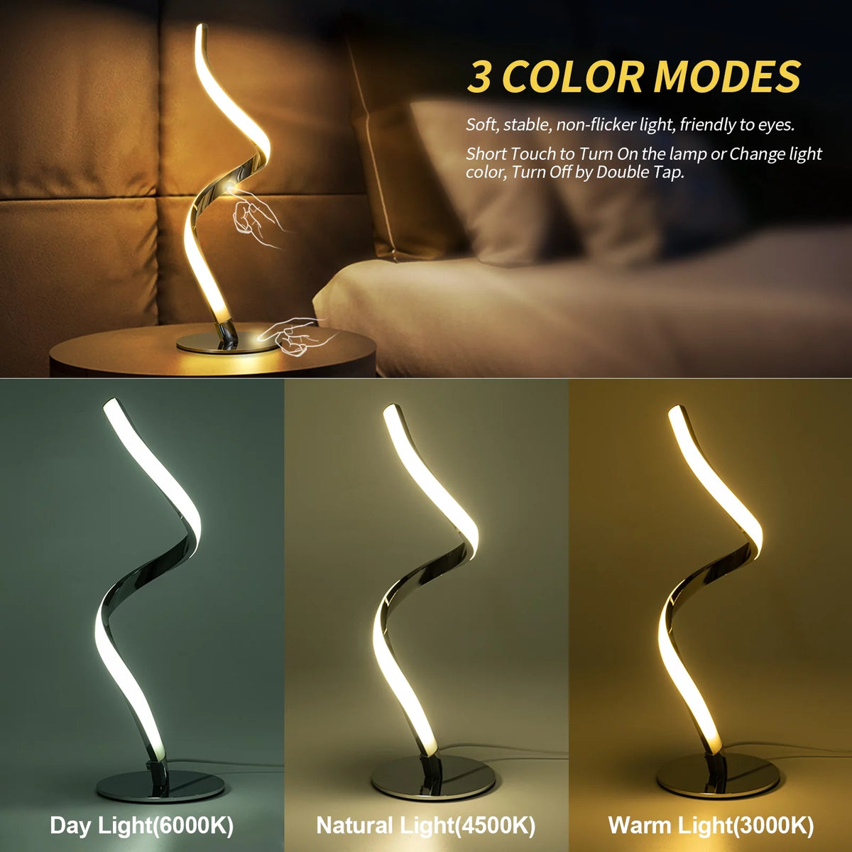 Modern Spiral Touch Control Table Lamp - Fully Dimmable Nightstand Lighting with Three Color Temperatures (3000K, 4000K, 5000K) for Bedroom, Living Room, and Office