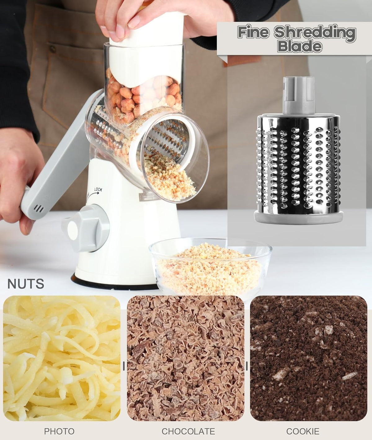 Professional Rotary Cheese Grater with Hand Crank - Versatile Kitchen Shredder and Mandolin Slicer for Cheese, Vegetables, Nuts, and More, Includes 3 Drum Blades, White