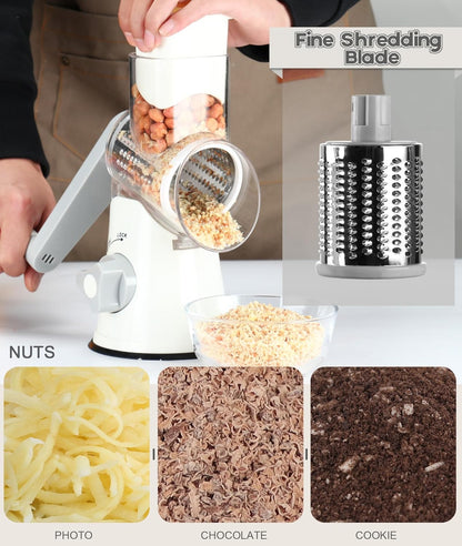 Professional Rotary Cheese Grater with Hand Crank - Versatile Kitchen Shredder and Mandolin Slicer for Cheese, Vegetables, Nuts, and More, Includes 3 Drum Blades, White