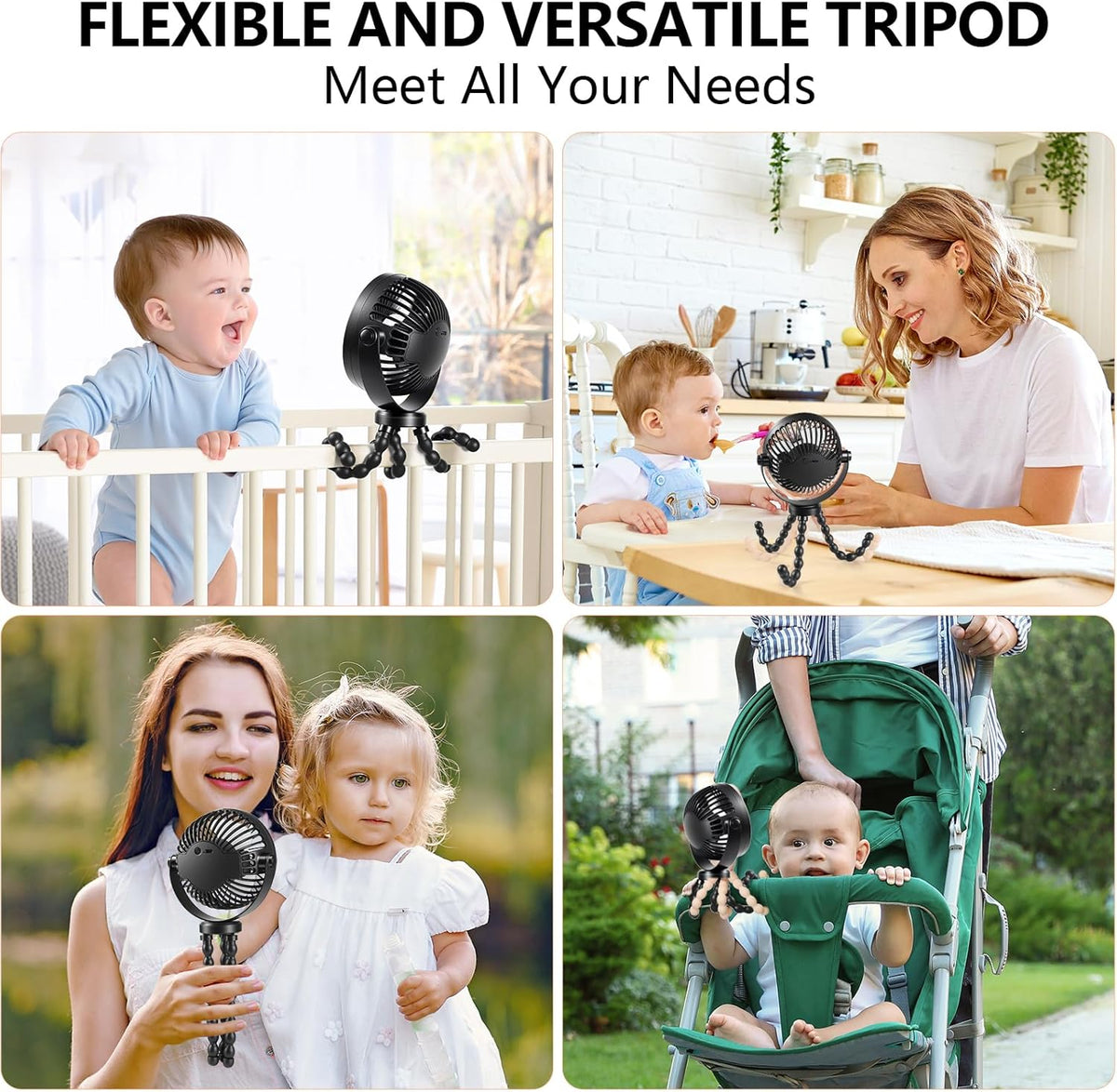 Compact Handheld Portable Fan for Strollers, Car Seats, and Travel - USB/Battery Powered with Flexible Tripod Clip (Black)