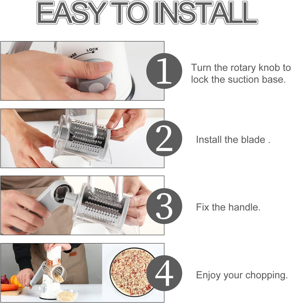 Professional Rotary Cheese Grater with Hand Crank - Versatile Kitchen Shredder and Mandolin Slicer for Cheese, Vegetables, Nuts, and More, Includes 3 Drum Blades, White