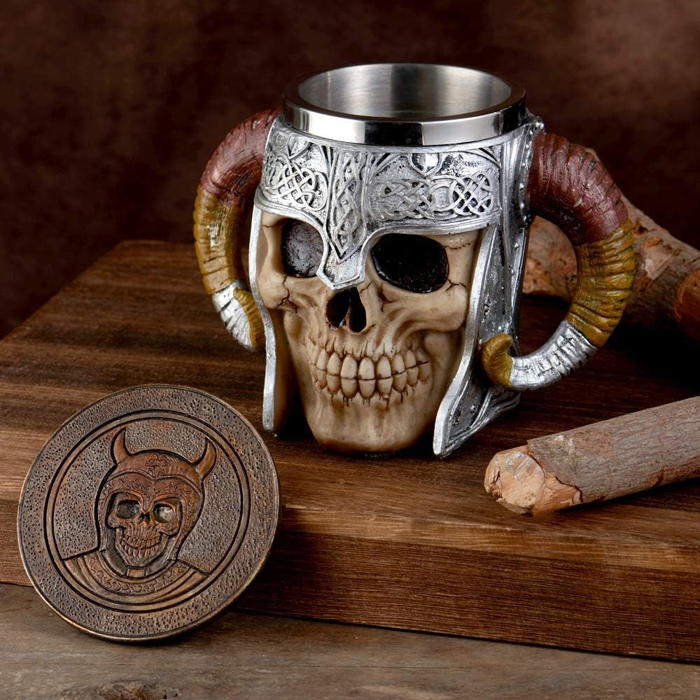 Stainless Steel Viking Skull Mug with Coaster, Double-Handled Horn Skull Beer Tankard, Medieval Drinkware for Coffee, Beverages, and Juice - 17 Oz.