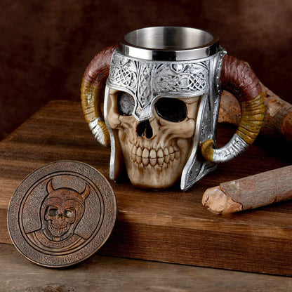 Stainless Steel Viking Skull Mug with Coaster, Double-Handled Horn Skull Beer Tankard, Medieval Drinkware for Coffee, Beverages, and Juice - 17 Oz.