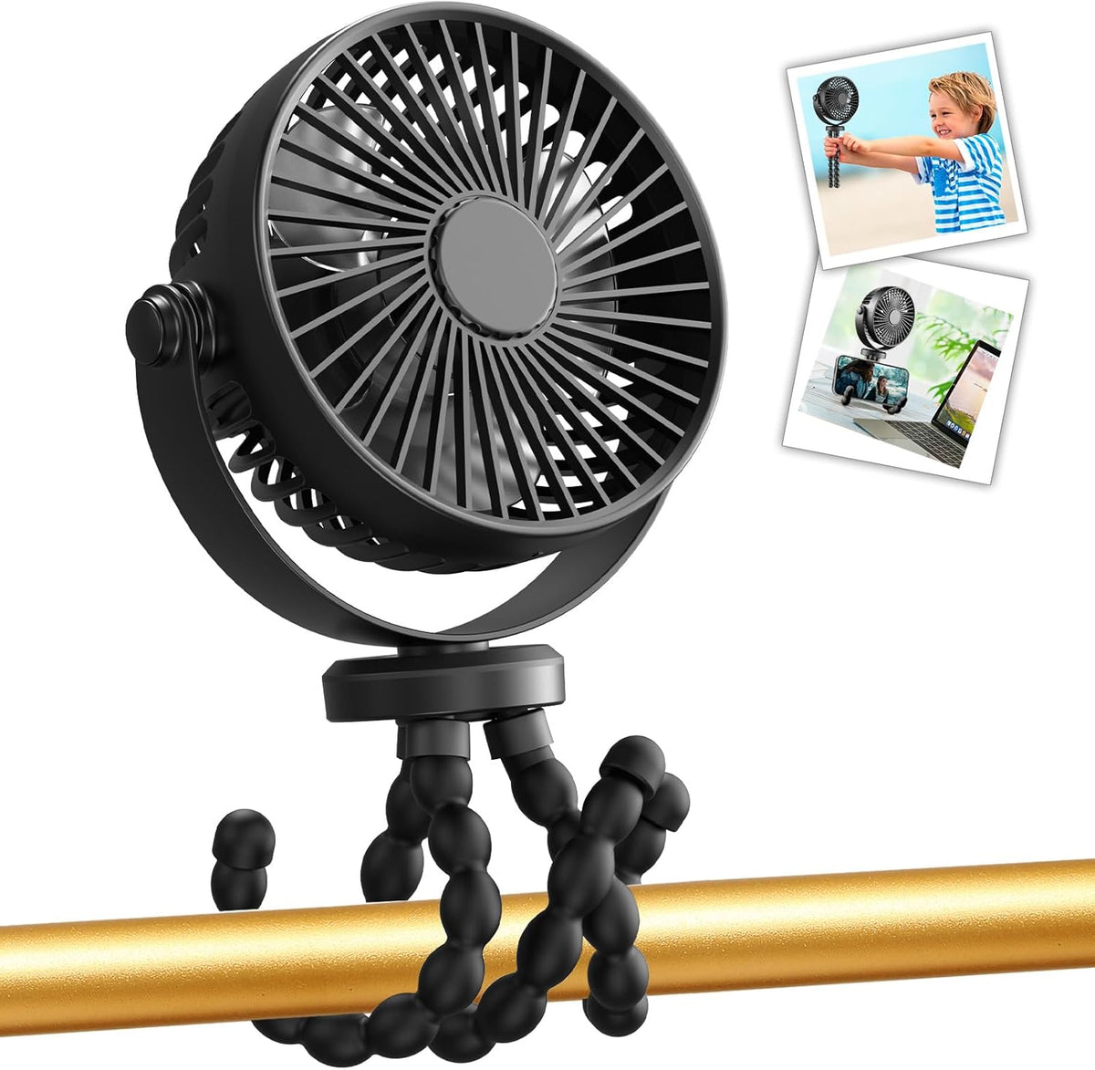 Compact Handheld Portable Fan for Strollers, Car Seats, and Travel - USB/Battery Powered with Flexible Tripod Clip (Black)