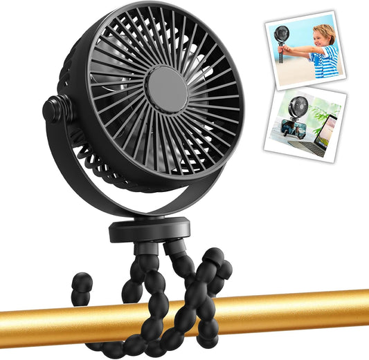 Compact Handheld Portable Fan for Strollers, Car Seats, and Travel - USB/Battery Powered with Flexible Tripod Clip (Black)