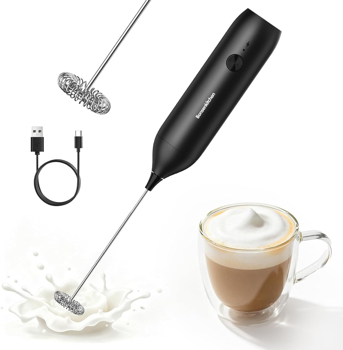 Rechargeable Handheld Milk Frother with Stainless Steel Whisk, USB-C Charging, Portable Electric Mixer for Coffee, Matcha, Lattes, and Cappuccino - Ideal Kitchen Gift