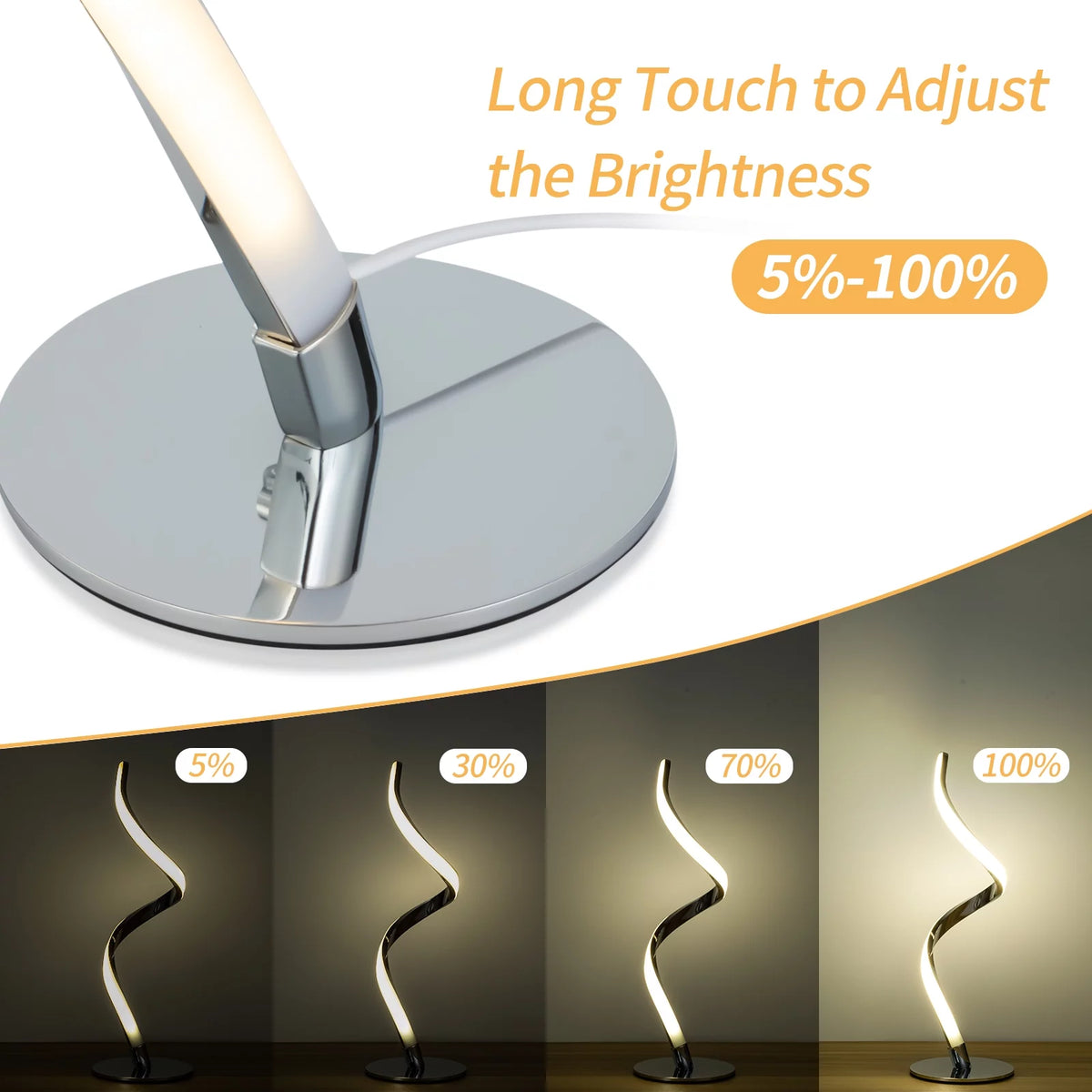Modern Spiral Touch Control Table Lamp - Fully Dimmable Nightstand Lighting with Three Color Temperatures (3000K, 4000K, 5000K) for Bedroom, Living Room, and Office