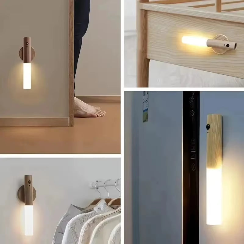 LED Night Light USB Charging Magnetic Wall Sconces Light Motion Sensor Rechargeable No Wiring Lights Wooden for Home Room