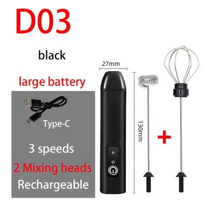 Electric Milk Frother USB Rechargeable Handheld Egg Beater 3 Speeds Foam Maker Mixer Coffee Drink Frothing Wand Foamer Kitchen