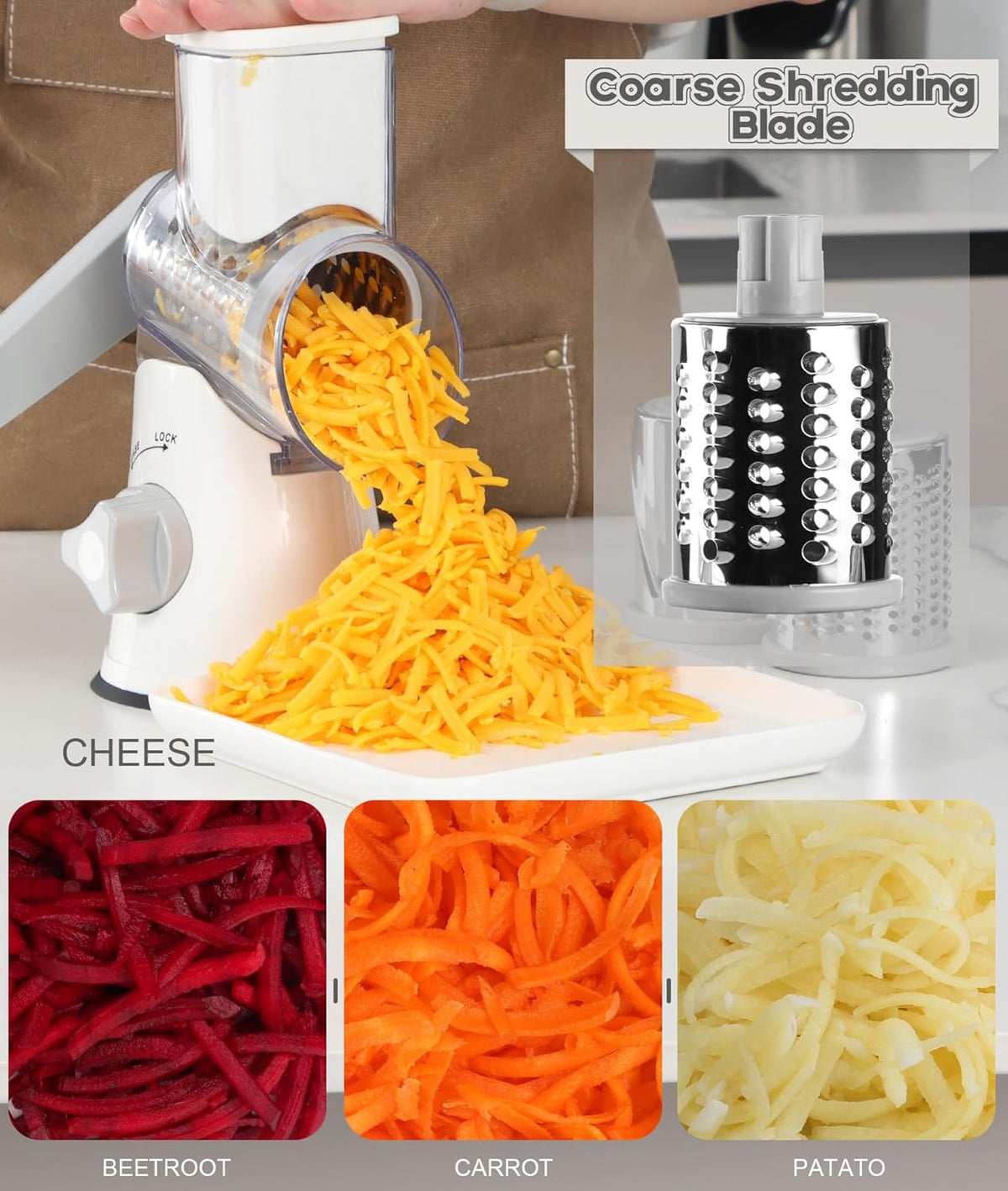Professional Rotary Cheese Grater with Hand Crank - Versatile Kitchen Shredder and Mandolin Slicer for Cheese, Vegetables, Nuts, and More, Includes 3 Drum Blades, White
