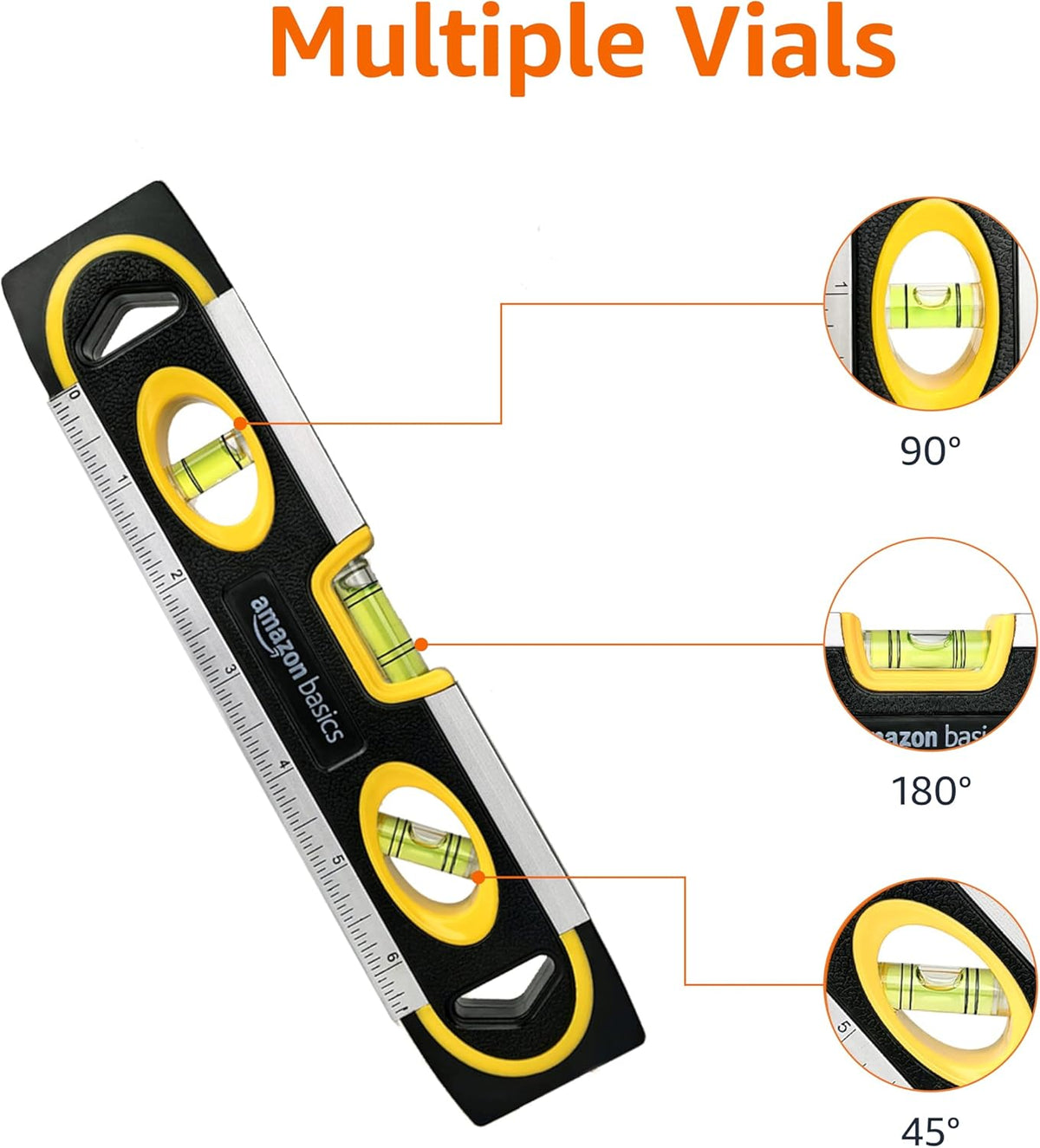 9-Inch Magnetic Torpedo Level and Ruler with 180/90/45 Degree Bubbles, Lightweight Design, Black Finish