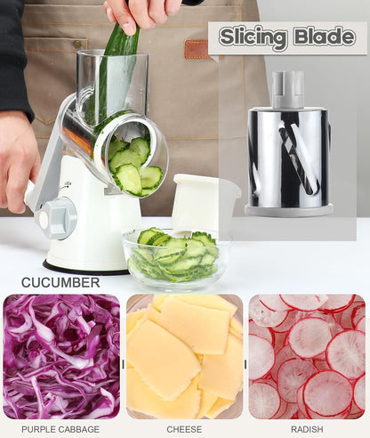 Professional Rotary Cheese Grater with Hand Crank - Versatile Kitchen Shredder and Mandolin Slicer for Cheese, Vegetables, Nuts, and More, Includes 3 Drum Blades, White