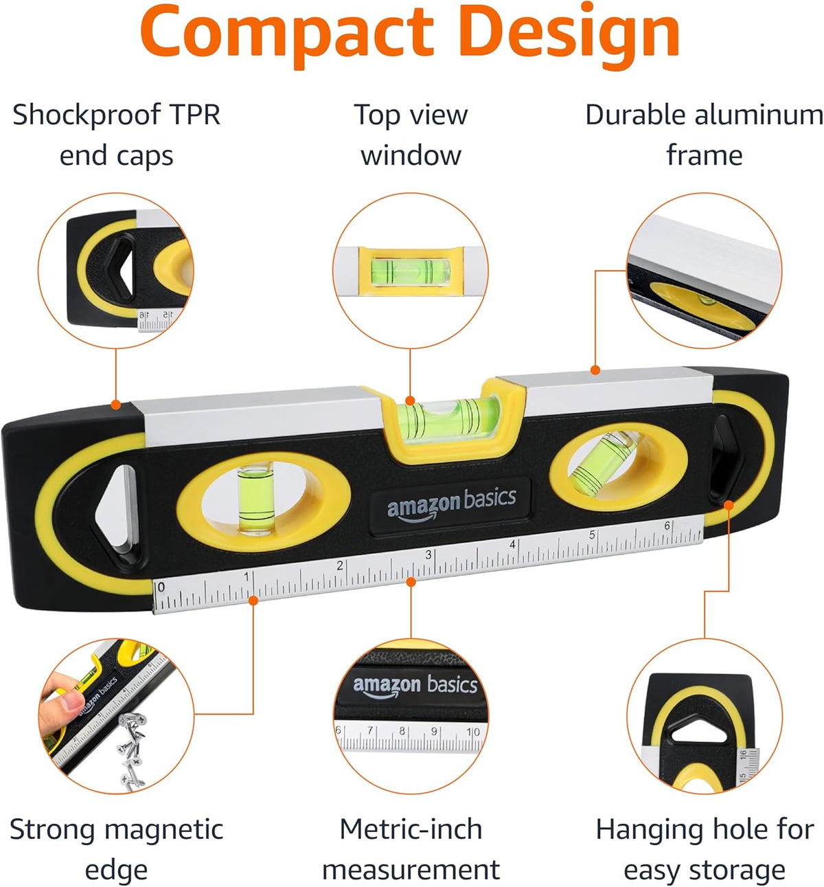 9-Inch Magnetic Torpedo Level and Ruler with 180/90/45 Degree Bubbles, Lightweight Design, Black Finish