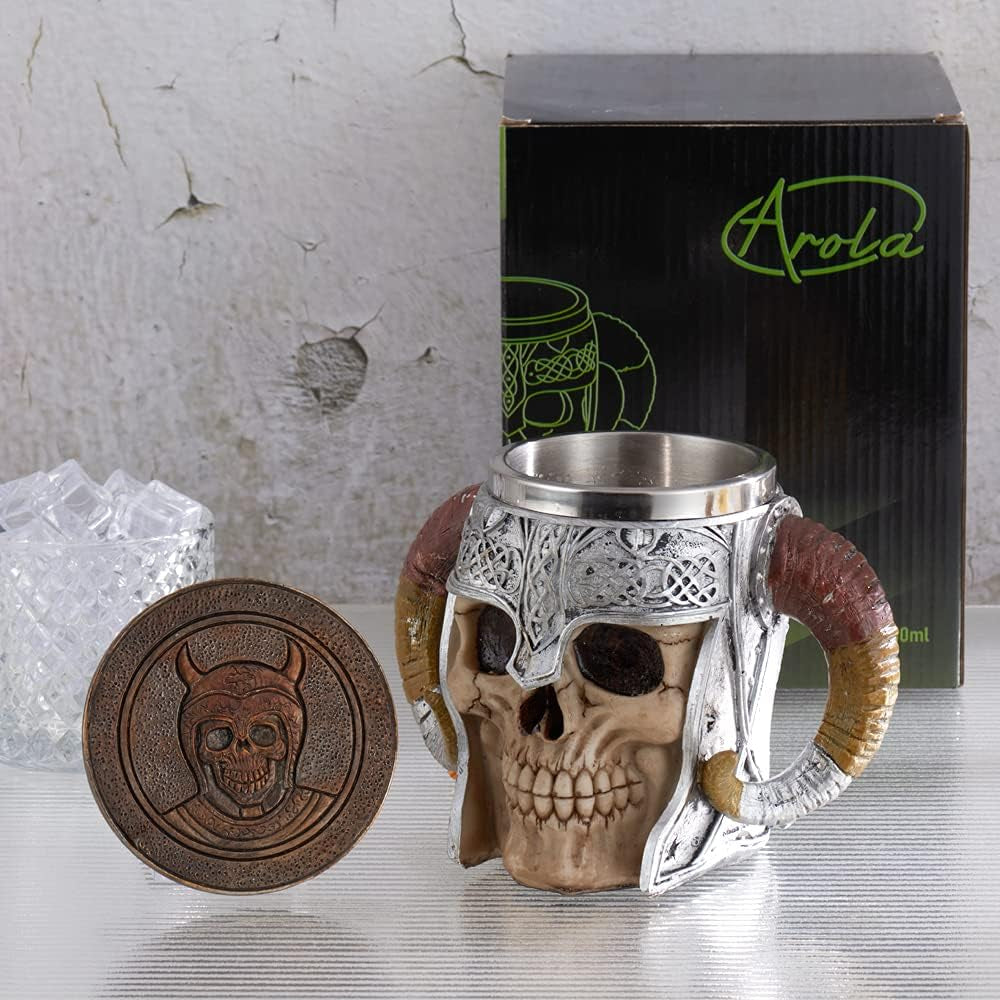 Stainless Steel Viking Skull Mug with Coaster, Double-Handled Horn Skull Beer Tankard, Medieval Drinkware for Coffee, Beverages, and Juice - 17 Oz.