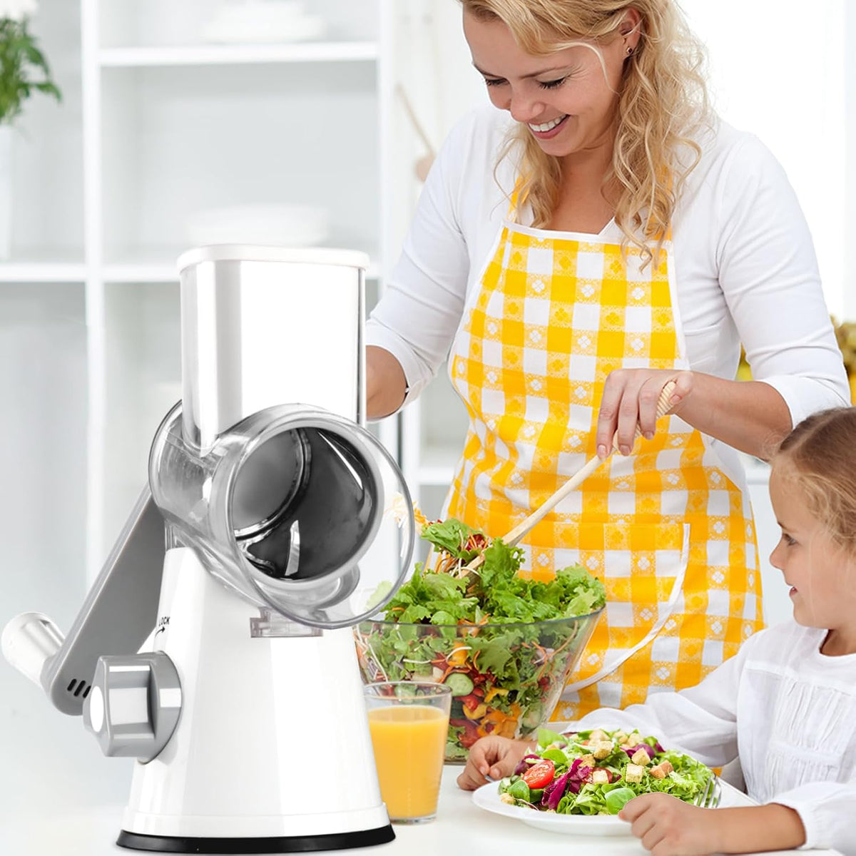 Professional Rotary Cheese Grater with Hand Crank - Versatile Kitchen Shredder and Mandolin Slicer for Cheese, Vegetables, Nuts, and More, Includes 3 Drum Blades, White