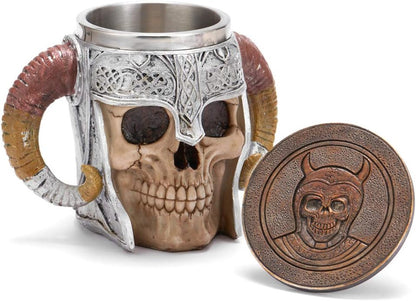 Stainless Steel Viking Skull Mug with Coaster, Double-Handled Horn Skull Beer Tankard, Medieval Drinkware for Coffee, Beverages, and Juice - 17 Oz.