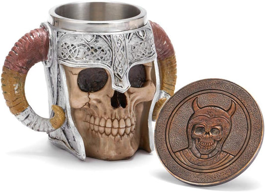 Stainless Steel Viking Skull Mug with Coaster, Double-Handled Horn Skull Beer Tankard, Medieval Drinkware for Coffee, Beverages, and Juice - 17 Oz.