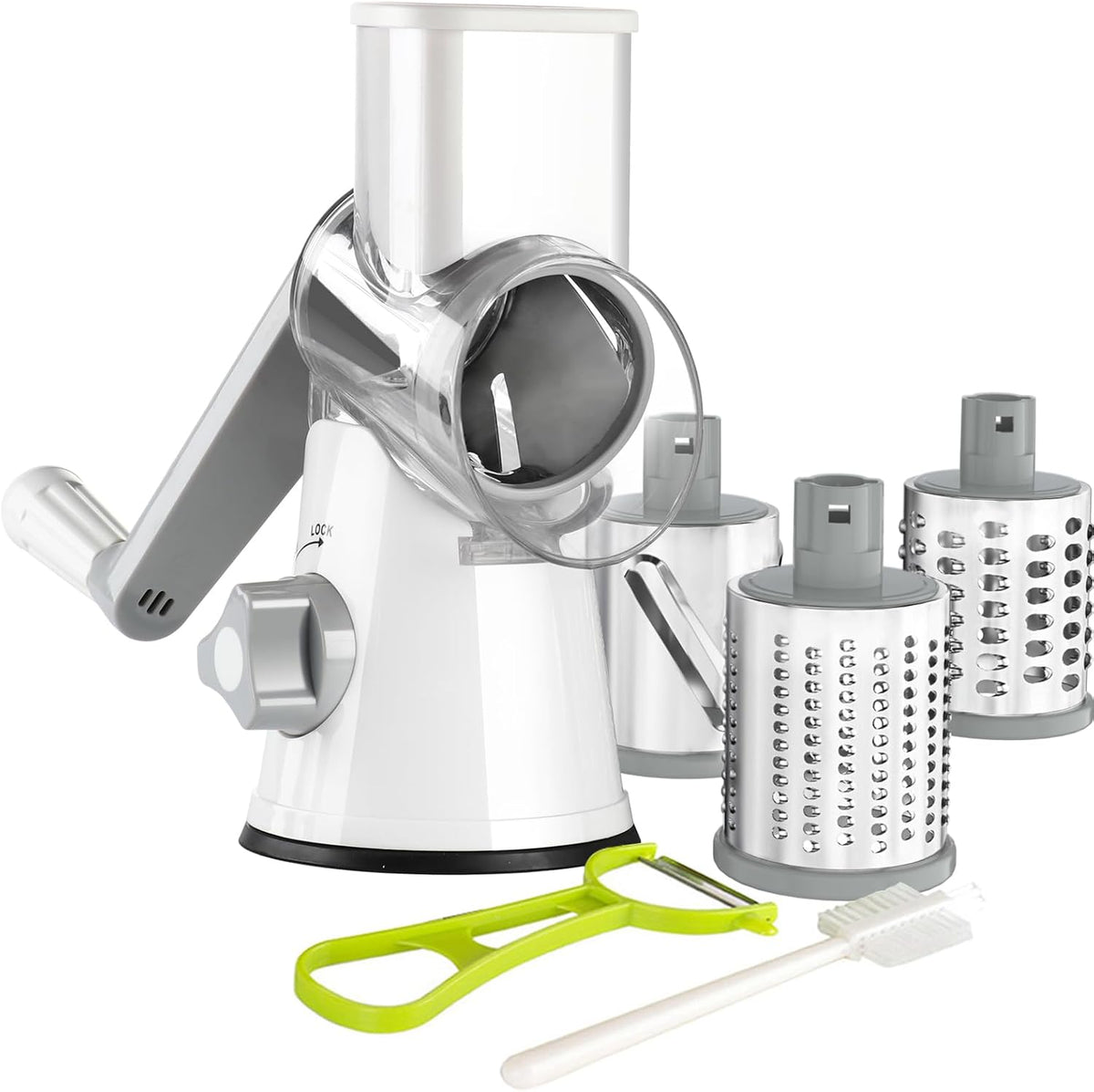 Professional Rotary Cheese Grater with Hand Crank - Versatile Kitchen Shredder and Mandolin Slicer for Cheese, Vegetables, Nuts, and More, Includes 3 Drum Blades, White