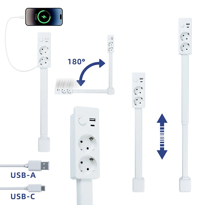 EU Plug Scalable/Rotating Power Strip Electrical Wall Plug Adjustable Length Charging Extension Circular Socket Extension Cable