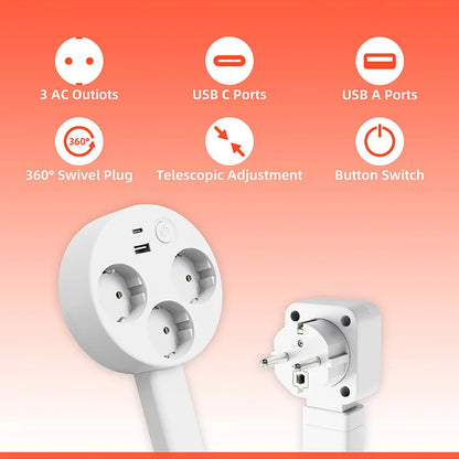 EU Plug Scalable/Rotating Power Strip Electrical Wall Plug Adjustable Length Charging Extension Circular Socket Extension Cable