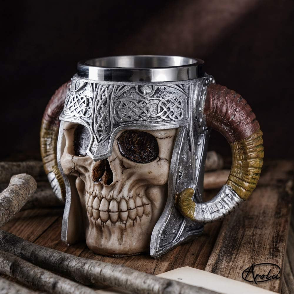 Stainless Steel Viking Skull Mug with Coaster, Double-Handled Horn Skull Beer Tankard, Medieval Drinkware for Coffee, Beverages, and Juice - 17 Oz.