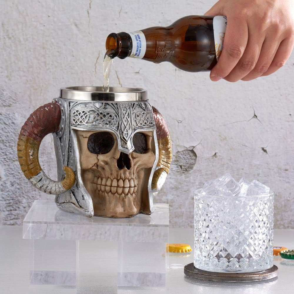 Stainless Steel Viking Skull Mug with Coaster, Double-Handled Horn Skull Beer Tankard, Medieval Drinkware for Coffee, Beverages, and Juice - 17 Oz.