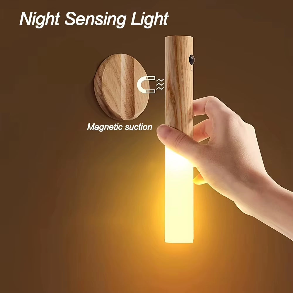 LED Night Light USB Charging Magnetic Wall Sconces Light Motion Sensor Rechargeable No Wiring Lights Wooden for Home Room