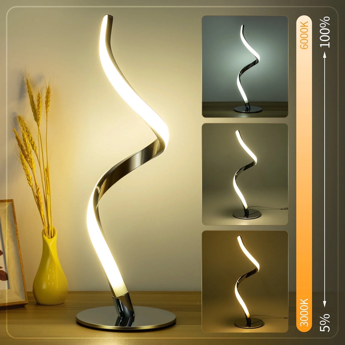 Modern Spiral Touch Control Table Lamp - Fully Dimmable Nightstand Lighting with Three Color Temperatures (3000K, 4000K, 5000K) for Bedroom, Living Room, and Office