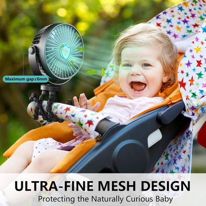 Compact Handheld Portable Fan for Strollers, Car Seats, and Travel - USB/Battery Powered with Flexible Tripod Clip (Black)