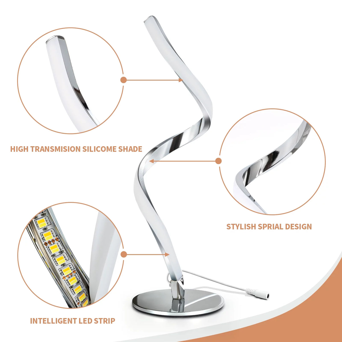 Modern Spiral Touch Control Table Lamp - Fully Dimmable Nightstand Lighting with Three Color Temperatures (3000K, 4000K, 5000K) for Bedroom, Living Room, and Office