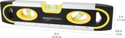 9-Inch Magnetic Torpedo Level and Ruler with 180/90/45 Degree Bubbles, Lightweight Design, Black Finish