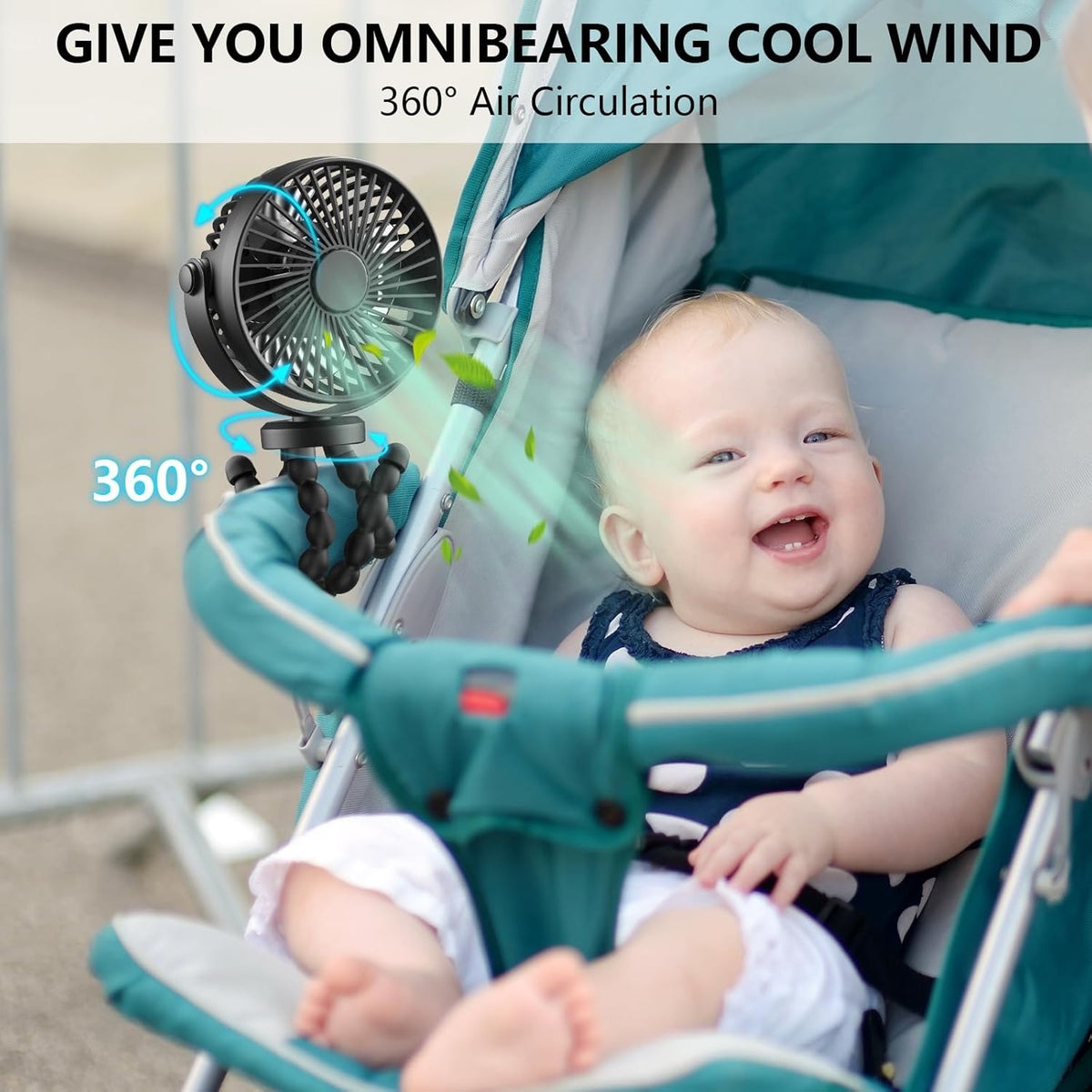Compact Handheld Portable Fan for Strollers, Car Seats, and Travel - USB/Battery Powered with Flexible Tripod Clip (Black)