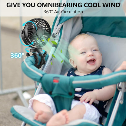 Compact Handheld Portable Fan for Strollers, Car Seats, and Travel - USB/Battery Powered with Flexible Tripod Clip (Black)