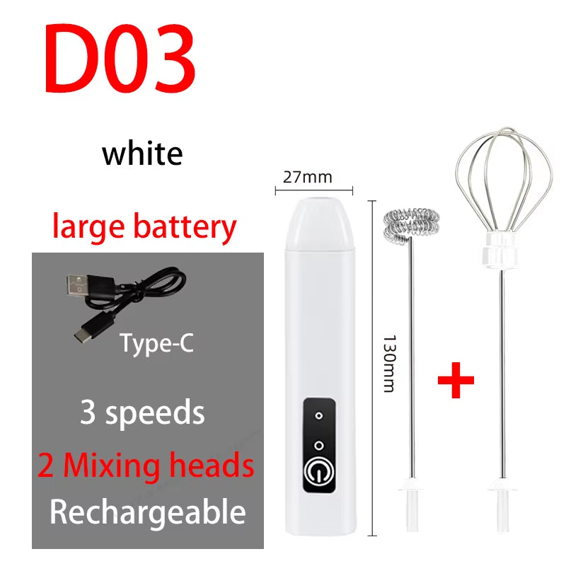Electric Milk Frother USB Rechargeable Handheld Egg Beater 3 Speeds Foam Maker Mixer Coffee Drink Frothing Wand Foamer Kitchen
