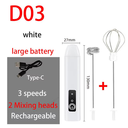Electric Milk Frother USB Rechargeable Handheld Egg Beater 3 Speeds Foam Maker Mixer Coffee Drink Frothing Wand Foamer Kitchen